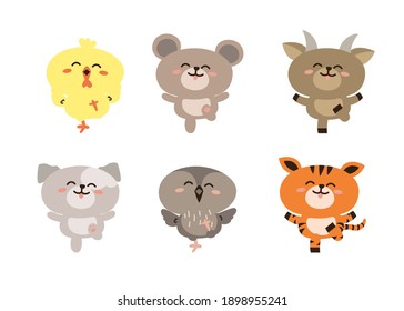 Flat vector set of cute mouse, goat, owl and more in different actions. Adorable forest animals on a white background