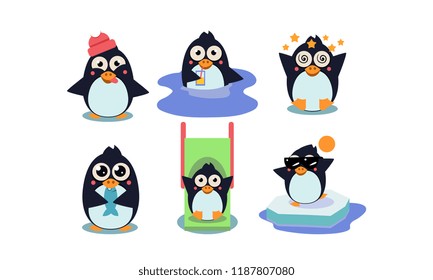 Flat vector set of cute penguin in different actions Funny cartoon character. Element for mobile game