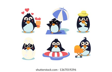 Flat vector set of cute penguins. South polar bird with shiny eyes. Funny cartoon characters