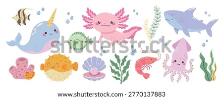 Flat vector set of cute underwater animals and sea creatures. Kawaii axolotl, narwhal, shark, puffer fish, shrimp and squid for nursery decor and kids design