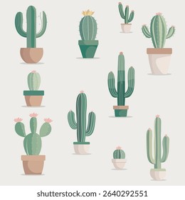 Flat vector set of decorative cactus plants in stylish pots, minimal style, no overlaps, clean lines, earthy colors, consistent design, perfect for home decor illustrations.