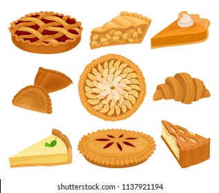 Flat vector set of delicious bakery products. Pies with different fillings, fresh croissant and cheesecake. Sweet food