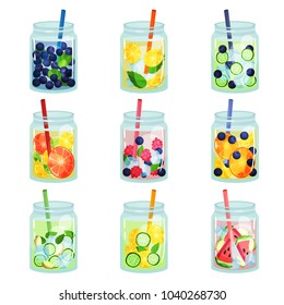 Flat vector set of delicious detox drinks with various ingredients. Refreshing fruit water. Natural and healthy beverages. Organic cocktails in glass jars with straws