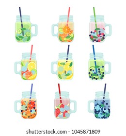 Flat vector set of delicious detox drinks with various ingredients. Refreshing fruit water. Natural and healthy beverages. Organic cocktails in glass jars with straws