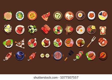 Flat vector set of delicious dishes and snacks. Tasty meal. Traditional breakfast. Elements for restaurant or cafe menu. Detailed food icons