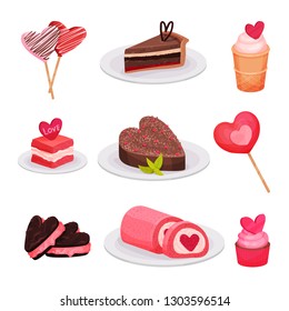 Flat vector set of delicious Valentine s day desserts. Cakes, ice-cream, lollipops on sticks, sandwich cookies