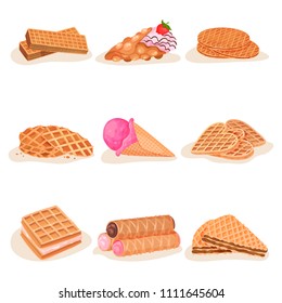 Flat vector set of delicious waffle desserts. Tasty ice-cream, sweet snacks for breakfast. Street fast food