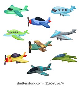 Flat vector set of different aircrafts. Military jet planes, passenger airplane and biplane. Elements for mobile game or children book