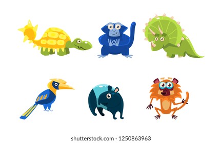 Flat vector set of different animals. Funny cartoon characters. Fauna and wildlife theme