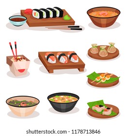 Flat vector set of different Asian dishes. Sushi, bowls with soups and noodle, shrimp dumplings and rice balls. Food theme