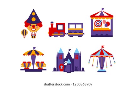 Flat vector set of different attractions rides and carousels. Colorful amusement park elements