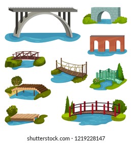 Flat vector set of different bridges. Wooden, metal, brick and stone footbridges. Constructions for city, backyard and park