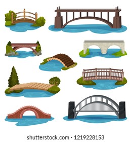 Flat vector set different bridges  Wooden  metal   brick footbridges  Constructions for transportation  Architecture theme