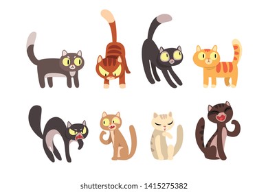Flat vector set of different cats. Funny cartoon characters. Home pets. Cute domestic animals. Elements for poster, sticker or mobile game