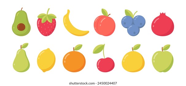 Flat vector set of different fruits on white background. Healthy vegetarian food.