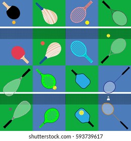 Flat Vector Set Of Different Game Rackets, Balls And Shuttlecock To Play To Badminton, Table And Big Tennis, Beach  And Platform Tennis, Pickleball, Squash On Court Colors Backgrounds