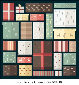 Flat vector set of different gifts in colorful wrapping paper. Christmas pattern and ornament.