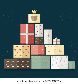 Flat vector set of different gifts in colorful wrapping paper. Christmas greeting card