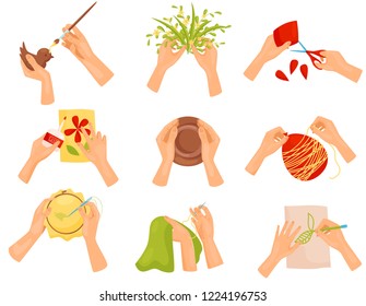 Flat vector set of different hobbies. Painting, cutting out, sewing. Human hands doing various crafts