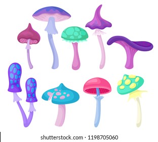 Flat vector set of different magic mushrooms. Forest plant. Elements for children fairy tale book or fantasy mobile game