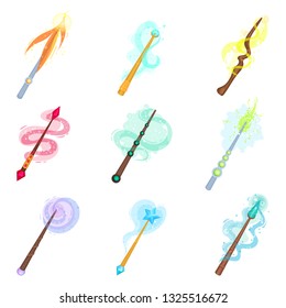 Flat vector set of different magic wands. Sticks with magical glow. Witchcraft theme colorful icons