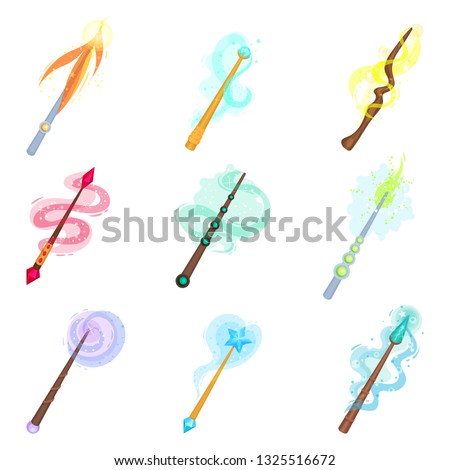 Flat vector set of different magic wands. Sticks with magical glow. Witchcraft theme colorful icons