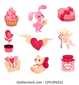Flat vector set of different object related to Valentines day theme. Holiday presents. Elements for greeting cards