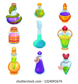 Flat vector set of different small bottles with potions. Glass vials with colorful liquids. Magic elixirs. Game icons