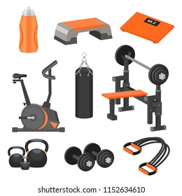 Flat vector set of different sport items and exercise equipment. Healthy lifestyle theme. Elements for advertising poster or banner