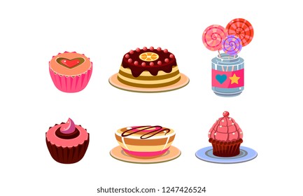 Flat vector set of different sweets. Tasty cupcakes, jelly, cake and lollipops in glass jar. Delicious desserts