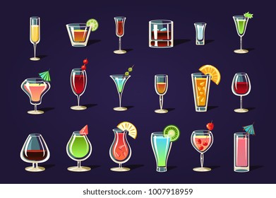 Flat vector set with different transparent glasses and cocktails. Refreshing summer drinks. Tasty alcoholic beverages with umbrellas and fruits