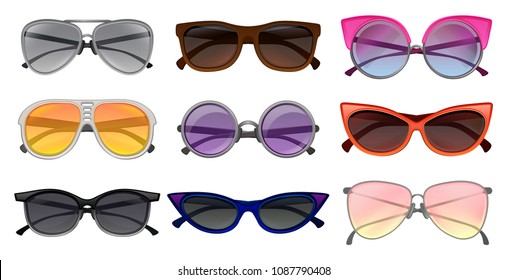 Flat vector set different types sunglasses  Protective eyewear  Fashion unisex spectacles  Elements for poster banner optical store