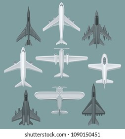 Flat vector set of different types of aircraft. Powerful fighter jets. Airplanes for transporting passengers or cargo. Aviation theme.