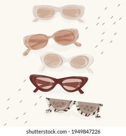 Flat vector set of different types sunglasses. Glasses summer symbol. Glasses set for traveling design.