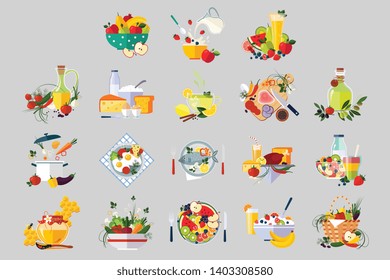 Flat vector set of dishes and beverages. Fresh vegetables and fruits. Healthy food. Jar of honey. Hot tea with lemon. Breakfast concept