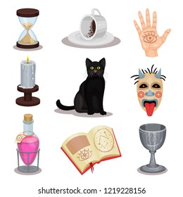 Flat vector set of divination icons. Ritual attributes. Black cat, cup with coffee grounds, potion, book, candle, scary mask