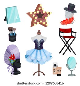 Flat vector set of dressing room icons. Dress on mannequin, table mirrors, elements of costumes, makeup cosmetic