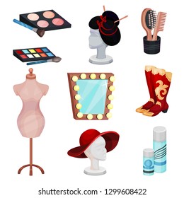 Flat vector set of dressing room icons. Cosmetic products for makeup, accessories and mannequins with wig and hat