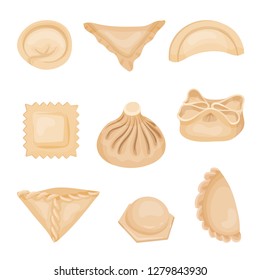 Flat vector set of dumplings of different shapes. Tasty food. Cooking theme. Elements for culinary book or menu