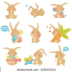 Flat Vector Set Of Easter Rabbit In Different Actions. Adorable Brown Bunny With Long Ears And Short Tail