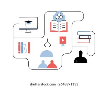 Vetor plano conjunto de ícones educacionais dispostos em estilo de quebra-cabeça. Apresenta livros, dispositivos, avatares de alunos e símbolos de compartilhamento de conhecimento e e-learning.