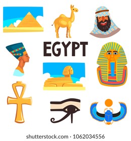 Flat vector set of Egyptian culture elements. Pyramids, camel, man in keffiyeh, Tutankhamen and Nefertiti, Great Sphinx of Giza, Ankh, eye of Horus and scarab beetle