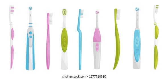 Flat vector set of electric and manual toothbrushes. Personal items for cleaning teeth. Health and oral hygiene theme