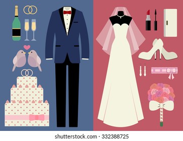 Flat vector set elements for wedding ceremony. Graphic icon set for design of invitation card for marriage: bride's dress, shoes, bouquet, veil, garter; groom's tuxedo, rings, cake, birds, champagne