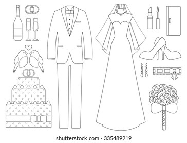 Flat vector set elements for wedding ceremony. Contour icon set for design of invitation card for marriage: bride's dress, shoes, bouquet, veil, garter; groom's tuxedo, rings, cake, birds, champagne