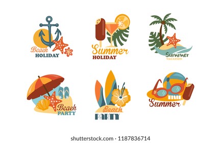 Flat vector set of emblems related to summer holiday theme. Elements for beach party poster