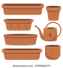 Flat vector set of empty clay flower pots, terracotta planters and a small brown watering can