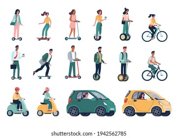 Flat vector set of environmentally friendly alternative vehicles. People, men and women ride modern eco-cars, electric scooters, skateboards, bicycles, mopeds. Green energy.