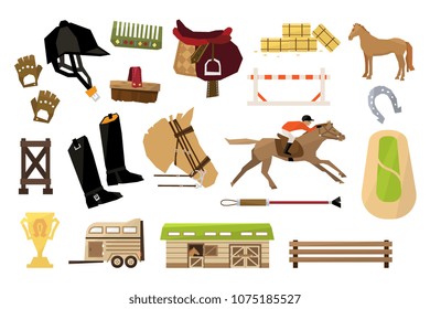 Flat vector set of equestrianism sport objects. Man, horse, wooden barn and fence, rider s equipment, trophy, stack of hay bales, horseshoe, field, trailer