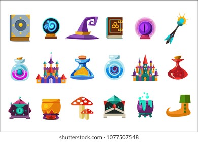 Flat vector set of fabulous items for mobile game. Book, magic ball, wizard hat, bottles with elixirs, castle, cauldrons, mushrooms. Gaming resources